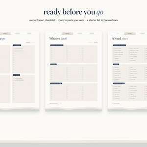 May include: Three digital planner pages titled ready before you go, featuring a countdown checklist, room to pack your way, and a starter list to borrow from. The pages include sections labeled Before you go, What to pack, and A head start.