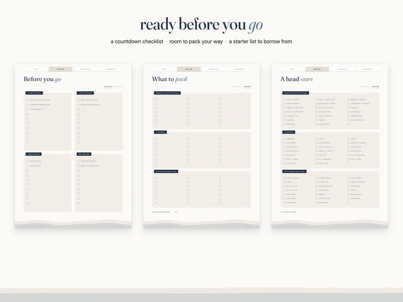 May include: Three digital planner pages titled ready before you go, featuring a countdown checklist, room to pack your way, and a starter list to borrow from. The pages include sections labeled Before you go, What to pack, and A head start.