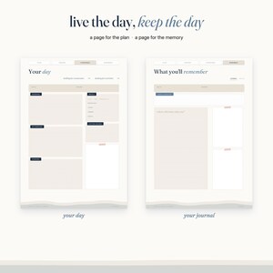 May include: A digital planner layout featuring two pages titled live the day, keep the day and a page for the plan, a page for the memory. The left page is labeled Your day with sections for schedule and tasks. The right page is labeled What you'll remember.