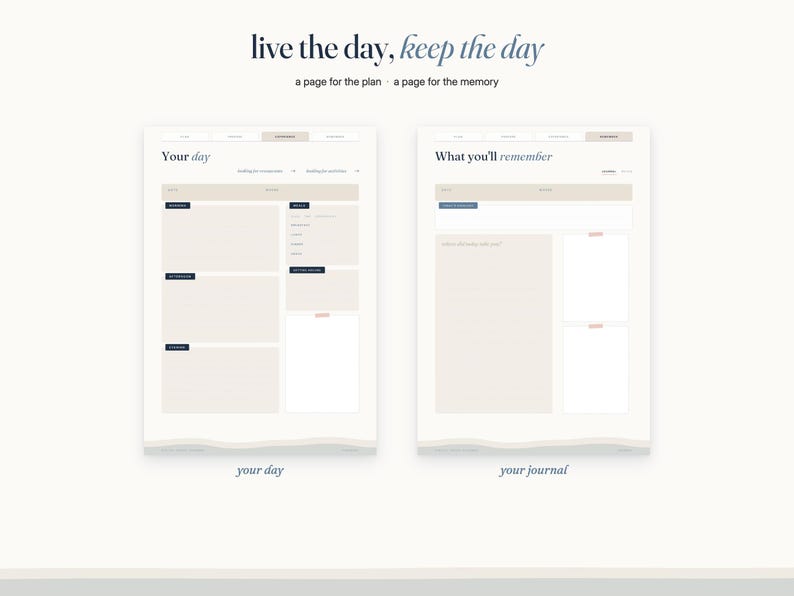 May include: A digital planner layout featuring two pages titled live the day, keep the day and a page for the plan, a page for the memory. The left page is labeled Your day with sections for schedule and tasks. The right page is labeled What you'll remember.