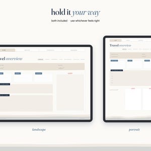 May include: A digital travel planner template displayed in both landscape and portrait orientations on tablet screens. The interface features a beige and white color scheme with the text Travel overview, Plan, and hold it your way visible.