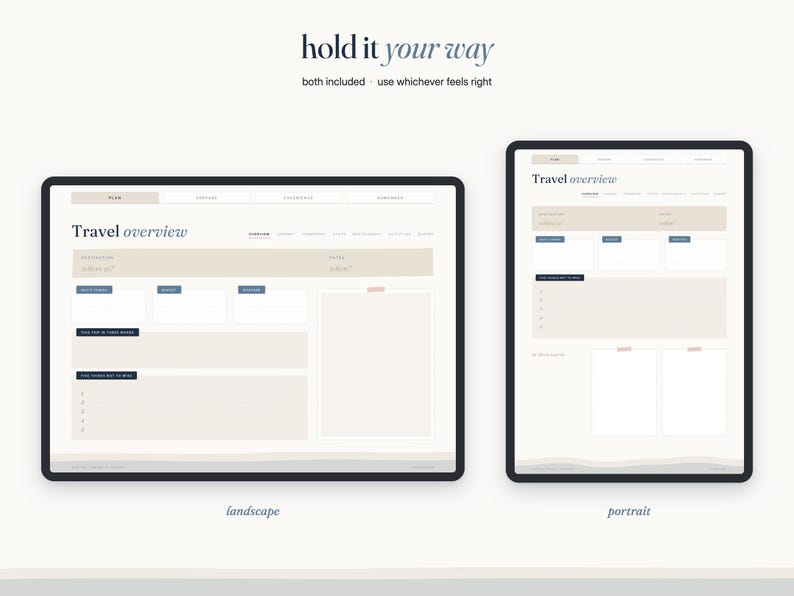 May include: A digital travel planner template displayed in both landscape and portrait orientations on tablet screens. The interface features a beige and white color scheme with the text Travel overview, Plan, and hold it your way visible.