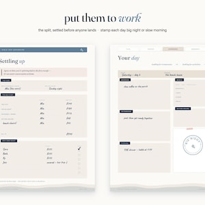 May include: Two digital planner pages with a cream background and dark blue text. The left page is titled Settling up and includes sections for The Plan, The Big Split, and Who Owes What. The right page is titled Your day with sections for Morning, Afternoon, Evening, and Meals.