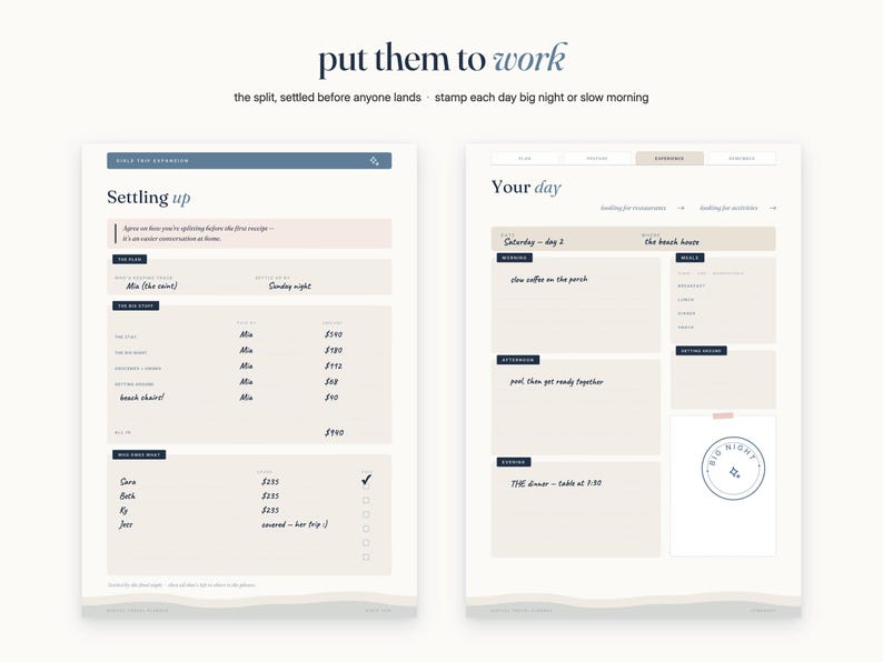 May include: Two digital planner pages with a cream background and dark blue text. The left page is titled Settling up and includes sections for The Plan, The Big Split, and Who Owes What. The right page is titled Your day with sections for Morning, Afternoon, Evening, and Meals.