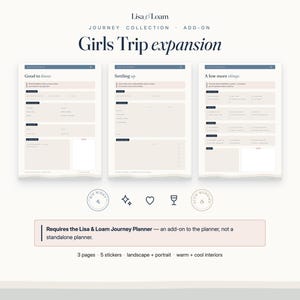 May include: Three digital planner pages titled Good to know, Settling up, and A few more things from the Lisa & Loam Journey Collection Girls Trip expansion. The set includes 3 pages and 5 stickers, featuring a neutral color palette with dark blue headers.