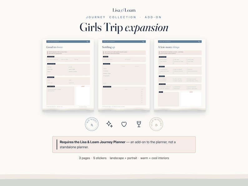 May include: Three digital planner pages titled Good to know, Settling up, and A few more things from the Lisa & Loam Journey Collection Girls Trip expansion. The set includes 3 pages and 5 stickers, featuring a neutral color palette with dark blue headers.