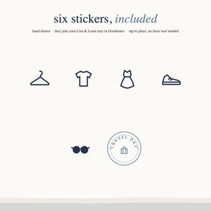 May include: Six digital stickers featuring dark blue line art icons of a clothes hanger, t-shirt, dress, sneaker, sunglasses, and a circular stamp with a suitcase icon and the text TRAVEL DAY. The text reads six stickers, included.