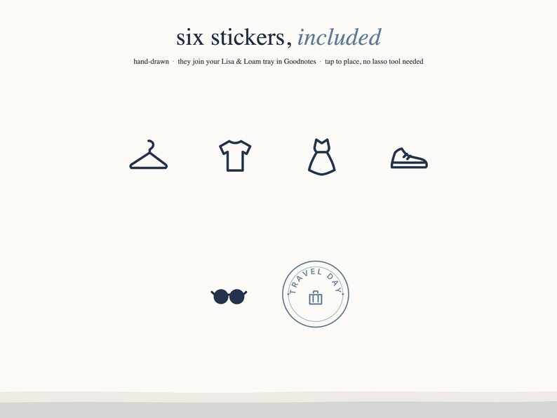 May include: Six digital stickers featuring dark blue line art icons of a clothes hanger, t-shirt, dress, sneaker, sunglasses, and a circular stamp with a suitcase icon and the text TRAVEL DAY. The text reads six stickers, included.