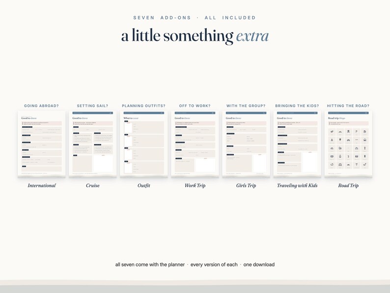 May include: Seven digital planner add-on pages with the text 'a little something extra' and 'SEVEN ADD-ONS ALL INCLUDED'. The pages are titled Going Abroad, Setting Sail, Planning Outfits, Off to Work, With the Group, Bringing the Kids, and Hitting the Road.