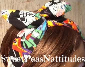 Wire Headband Dolly Bow Day of the dead Wired Dolly Bow Rockabilly Scarf Bandanna  rabbit ears