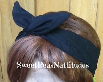 Wire Headband Wired Dolly Bow  Black Rabbit Ears Rockabilly  Scarf