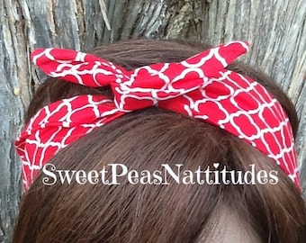 Wire Headband Wired Dolly Bow Royal Red and White Print  Rockabilly Rabbit Ears Scarf - Bandana