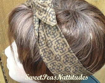 Wired Dolly Bow Wire Headband Rich Brown Print  Rockabilly Rabbit Ears Bandanna