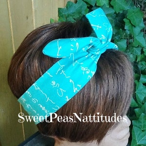 Wire Dolly Bow Turquoise Half Moon Script Print  Wire Headband Rockabilly Scarf Retro Bandanna