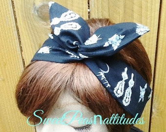 Wire Headband Wired  Dolly Bow Princess Jewels Print Rockabilly Scarf  Bandanna Rabbit Ears