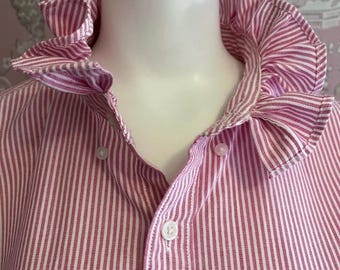 Upcycled  Pink Striped Ruffle-Collar Button-Up Shirt