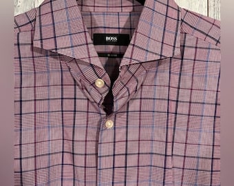 Hugo Boss purple and blue plaid skin fit shirt.