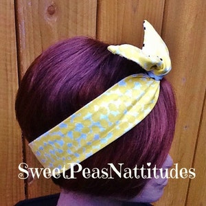 Wired Dolly Bow Wire  Headband Reversible  Yellow Print  Rockabilly Hair Scarf Bandana  Rabbit Ears
