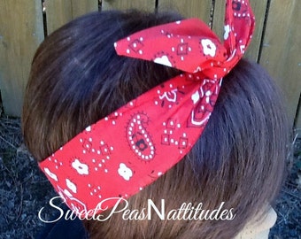Headband  Wired Dolly Bow Red Hankerchief Bandanna Print    Wired Dolly bow Rockabilly Wire  Scarf Headband
