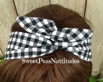 Headband Wired Scarf Bandanna  Dolly Bow Plaid Check  Print   Wired Headband Rockabilly Hair