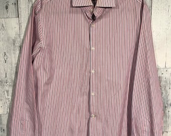 Hugo Boss sharp fit stripe shirt in a pinkish red/and blue stripe
