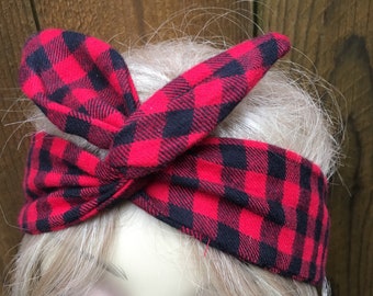 Red Fall Flannel Wired Dolly Bow    Wire Headband Rockabilly Hair Scarf Bandanna