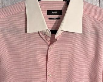 Hugo Boss pink and white stripe slim fit shirt