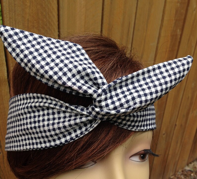 Wired Dolly Bow Micro Mini Blk White Check  Print Rockabilly Wire Scarf - Bandana Headband