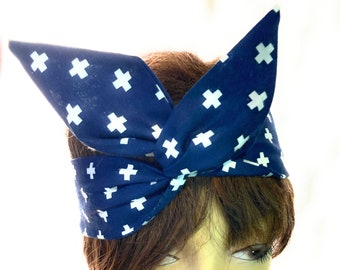 Wire Headband Dolly Bow  Navy Blue Bandanna  White Swiss Cross Print   Rockabilly Bandanna Turban Rabbit Ears