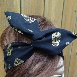 Wired Dolly Bow Gold on Black Sugar Skulls Print Rockabilly Wire Scarf - Bandana Headband