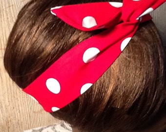 Wire Headband Wired Dolly Bow Rosie the Riveter Wired White Polka Dots on Red Scarf - Bandanna  rabbit ears