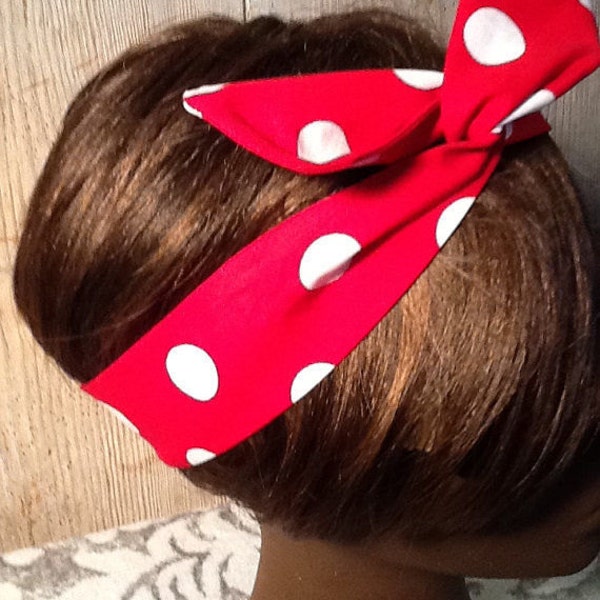 Wire Headband Wired Dolly Bow Rosie the Riveter Wired White Polka Dots on Red Scarf - Bandanna  rabbit ears