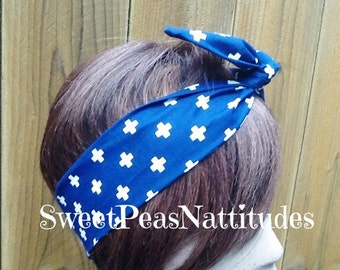 Wire Headband Wired Dolly White Cross Print Wired Rockabilly Hair Scarf - Bandanna  rabbit ears