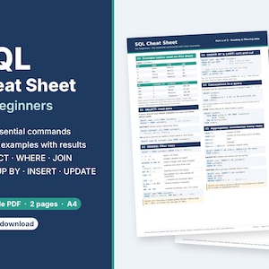 Könnte beinhalten: Ein zweiseitiges SQL-Spickzettel für Anfänger im A4-Format. Das Dokument enthält Tabellen, Code-Schnipsel für die Befehle SELECT, WHERE, JOIN, GROUP BY, INSERT und UPDATE sowie klare Beispiele mit Ergebnissen. Der Text ist in Abschnitte unterteilt.