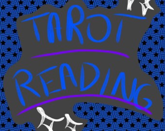 May include: A dark grey, irregular-shaped sign featuring the blue text TAROT READING. The sign includes a purple horizontal line between the words and four white star-like symbols. The background consists of a repeating pattern of black stars.