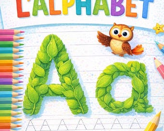 Alphabet book with uppercase and lowercase letters, handwriting exercises for children, printable PDF worksheets