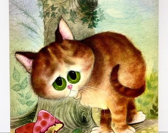 Neuer alter Lagerbestand: George Buckett Lithografie aus den 1960er Jahren, Katze und Pilze, 8 x 10 Zoll