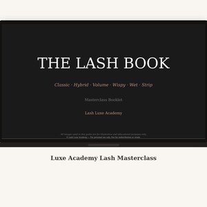 May include: A black digital screen displaying the title THE LASH BOOK in white text. Below the title, the words Classic, Hybrid, Volume, Wispy, Wet, Strip, Masterclass Booklet, and Lash Luxe Academy are printed in a smaller white font.
