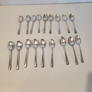 May include: A collection of seventeen silver-toned metal spoons arranged in two rows. Each spoon features a polished bowl and a decorative handle with an embossed floral pattern at the base. The spoons vary in size, with smaller spoons in the top row and larger spoons in the bottom row, all displaying a consistent metallic finish.
