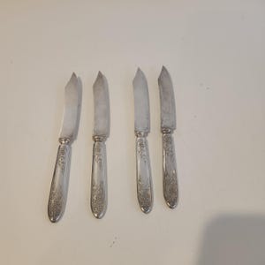May include: A set of four silver-toned knives featuring metallic blades and handles embossed with detailed grape and vine patterns. Each knife has a pointed tip and a slender, elongated shape, showcasing a consistent decorative motif across the handles.