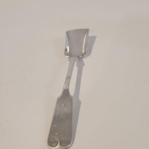 May include: A silver-colored metal condiment spoon featuring a flat, rectangular bowl and a straight handle. The handle displays an engraved monogram consisting of the letters E and J in a cursive script, with a rounded, notched end design.