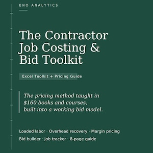 Op de afbeelding: Een donkergroen digitaal document getiteld The Contractor Job Costing & Bid Toolkit van ENO Analytics. Het bevat een Excel-toolkit, prijsgids, biedingsmodel, jobtracker en een gids van 8 pagina's met informatie over arbeid en marges.