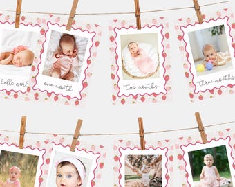 Strawberry First Birthday Photo Banner | Editable Canva Milestone Cards (Digital Download)
