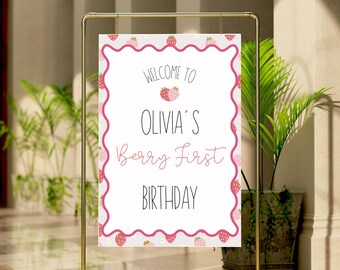 Berry First Welcome Sign | Strawberry 1st Birthday Party Decor | Editable Canva Template