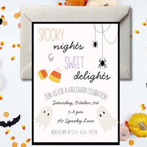 May include: A rectangular Halloween invitation card featuring the text SPOOKY nights & SWEET delights, two candy corn illustrations, two black spiders on webs, and two white ghosts. The card includes event details for October 31st at 5-8 pm.