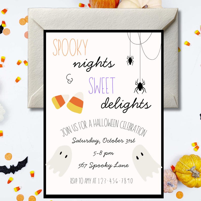 May include: A rectangular Halloween invitation card featuring the text SPOOKY nights & SWEET delights, two candy corn illustrations, two black spiders on webs, and two white ghosts. The card includes event details for October 31st at 5-8 pm.