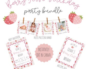 Berry First Birthday Bundle | 1st Birthday Invitation, Welcome Sign, & Milestone Banner