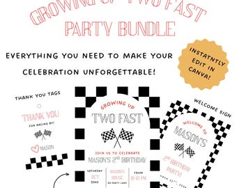 Growing Up Two Fast Party Bundle | Editable Canva Invitation, Sign (Digital Download)