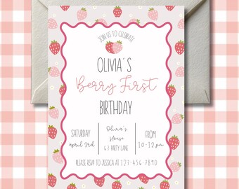 Berry First Invitation | Strawberry 1st Birthday | Editable Canva Template | Digital Download