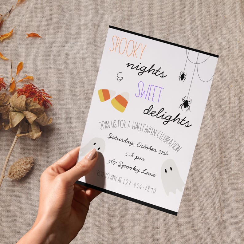 May include: A rectangular Halloween party invitation card featuring the text SPOOKY nights & SWEET delights, candy corn, two ghosts, and two spiders on webs. The card includes event details for Saturday, October 31st, 5-8 pm at 567 Spooky Lane.